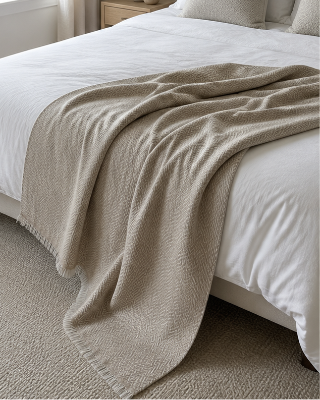 Handmade Cashmere Throw Blanket, 100% Himalayan Pure Undyed, Beige, Cozy Sofa or Bed Throw, Luxury Home Decor, Ethically Made in India