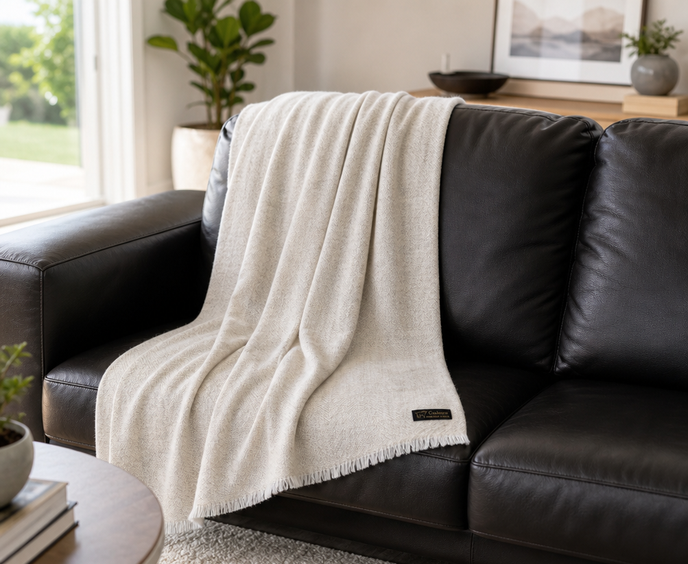 Handmade Cashmere Throw Blanket, 100% Himalayan Pure Undyed, Ivory, Cozy Sofa or Bed Throw, Luxury Home Decor, Ethically Made in India