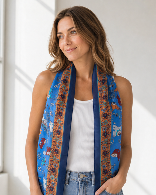 100% Silk Scarf, Elephant Floral Print, Blue, Lightweight, Artisan Handcrafted in India Wrap