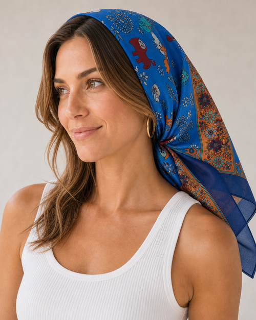 Woman wearing a blue patterned headscarf on a plain background