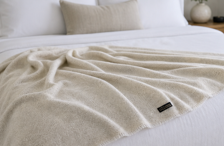 Handmade Cashmere Throw Blanket, 100% Himalayan Pure Undyed, Ivory, Cozy Sofa or Bed Throw, Luxury Home Decor, Ethically Made in India