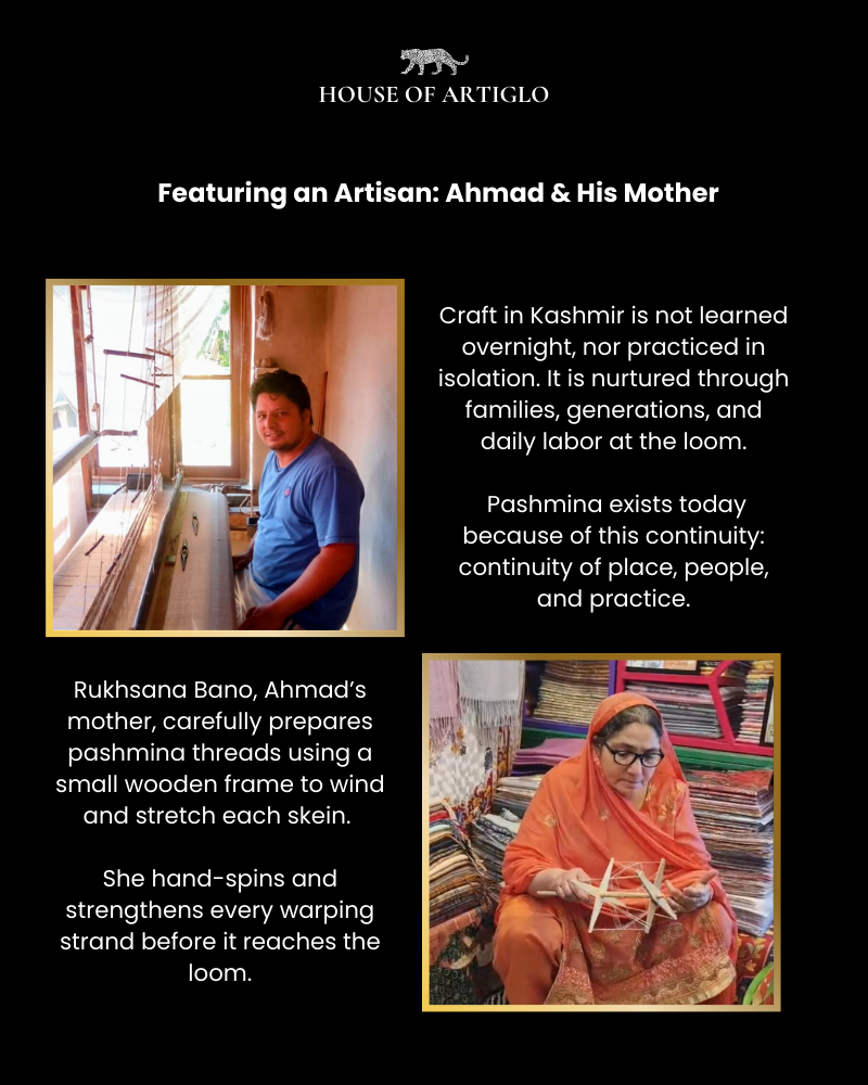 Promotional image featuring artisans in a loom room with text about pashmina craft.
