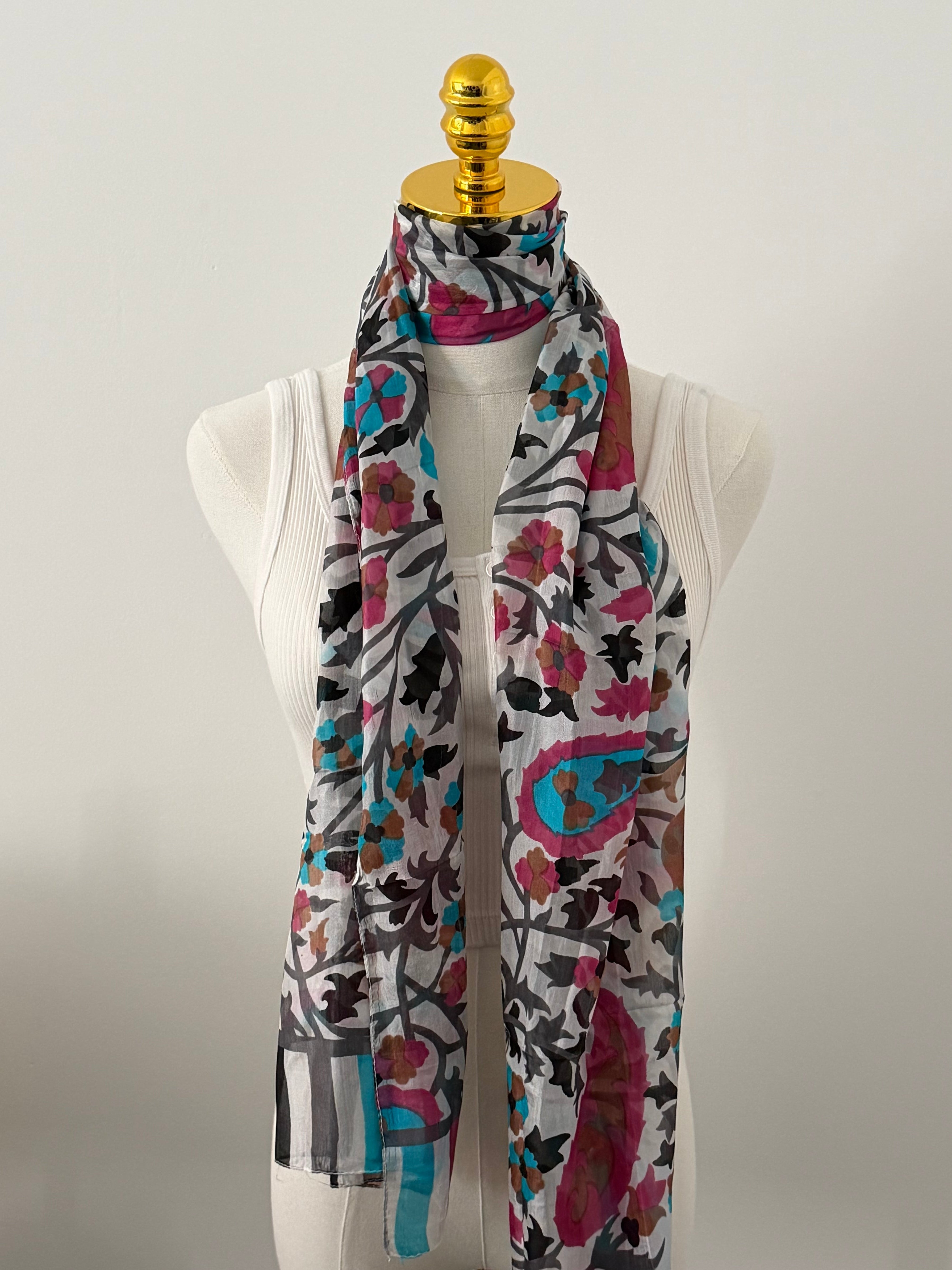 100% Silk Scarf, Boho Paisley Print, Lightweight, Artisan Handcrafted in India Wrap
