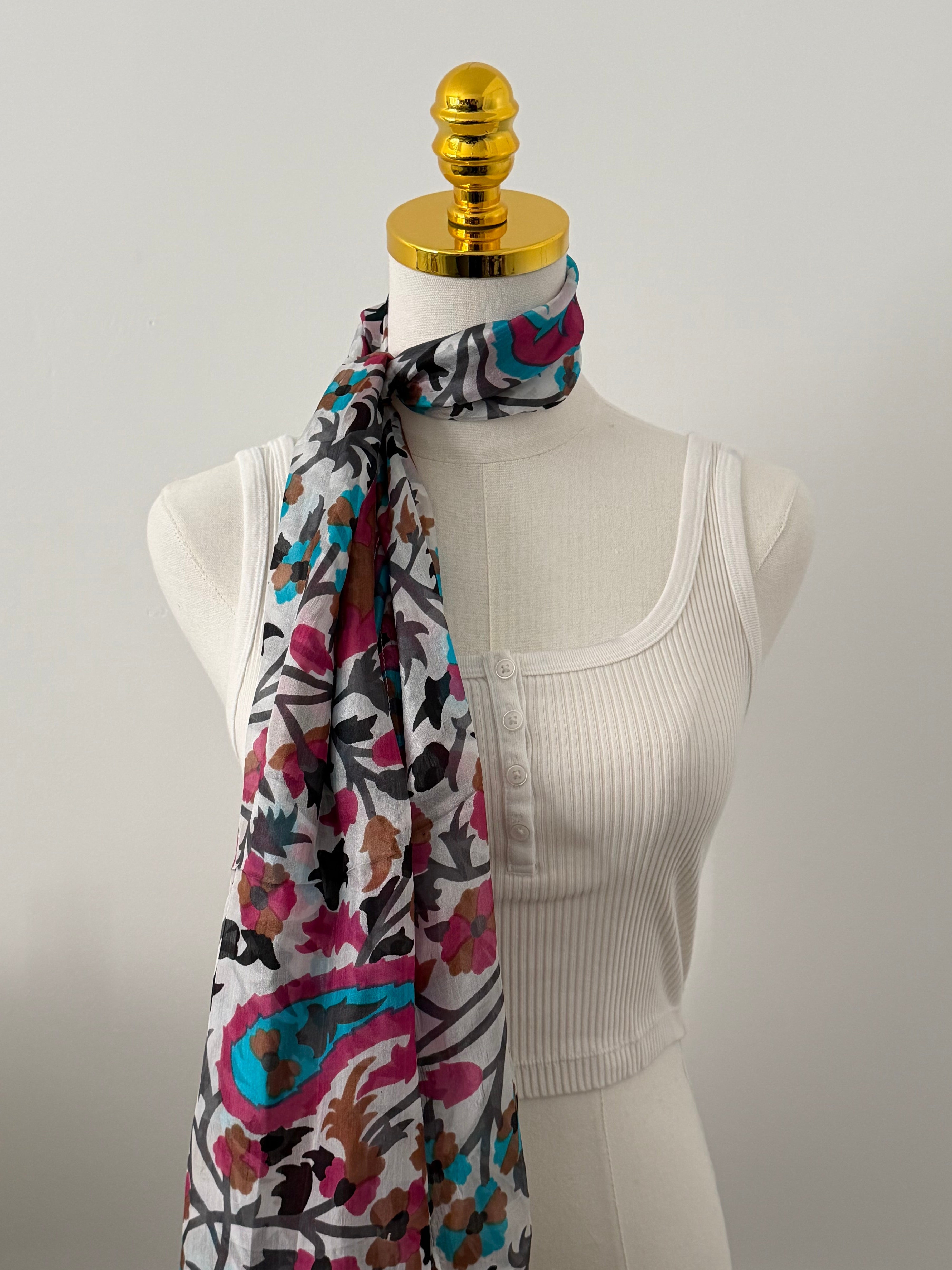 100% Silk Scarf, Boho Paisley Print, Lightweight, Artisan Handcrafted in India Wrap