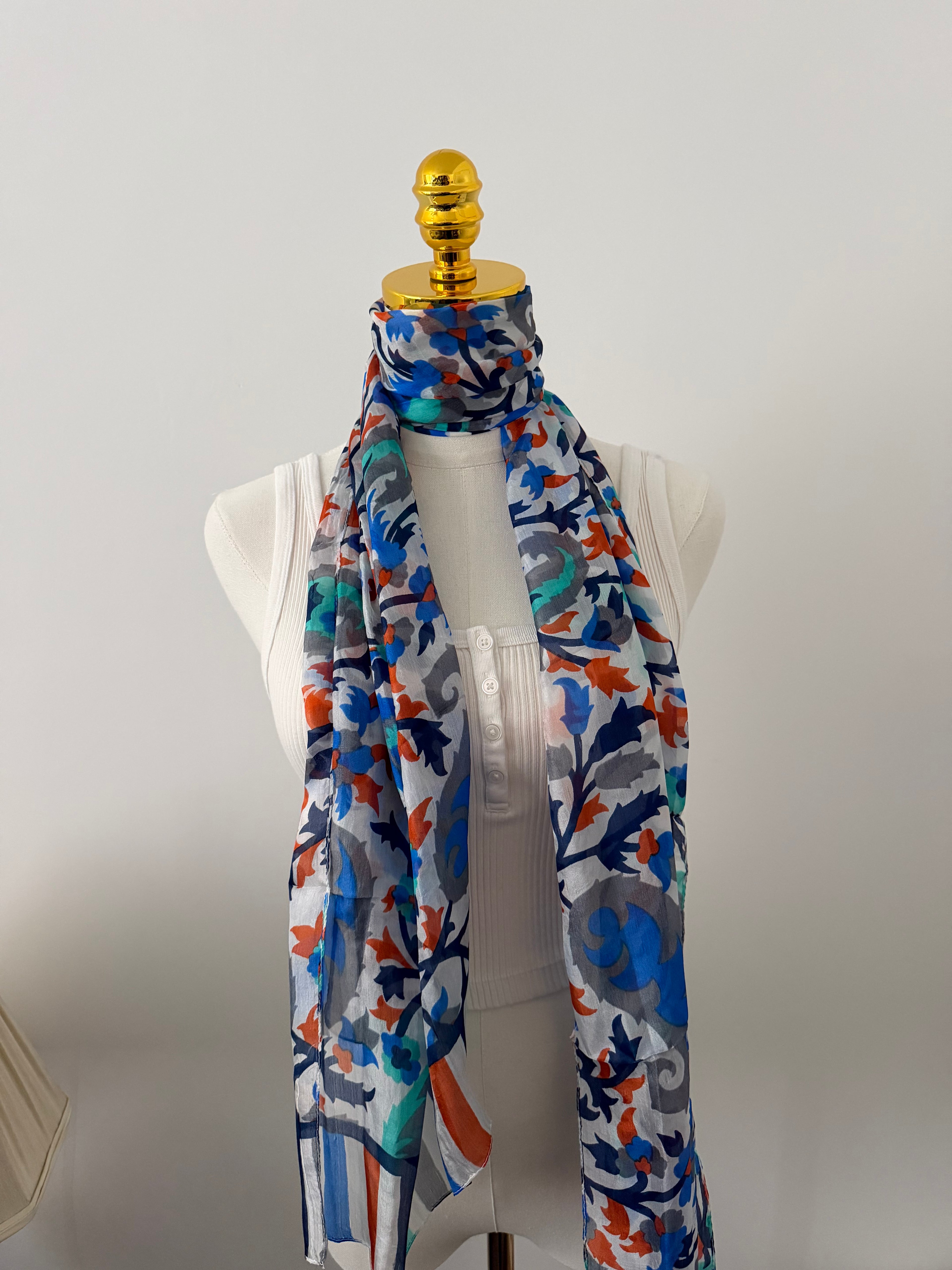 100% Silk Scarf, Floral Print, Lightweight, Artisan Handcrafted in India Wrap