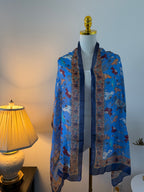 100% Silk Scarf, Elephant Floral Print, Blue, Lightweight, Artisan Handcrafted in India Wrap