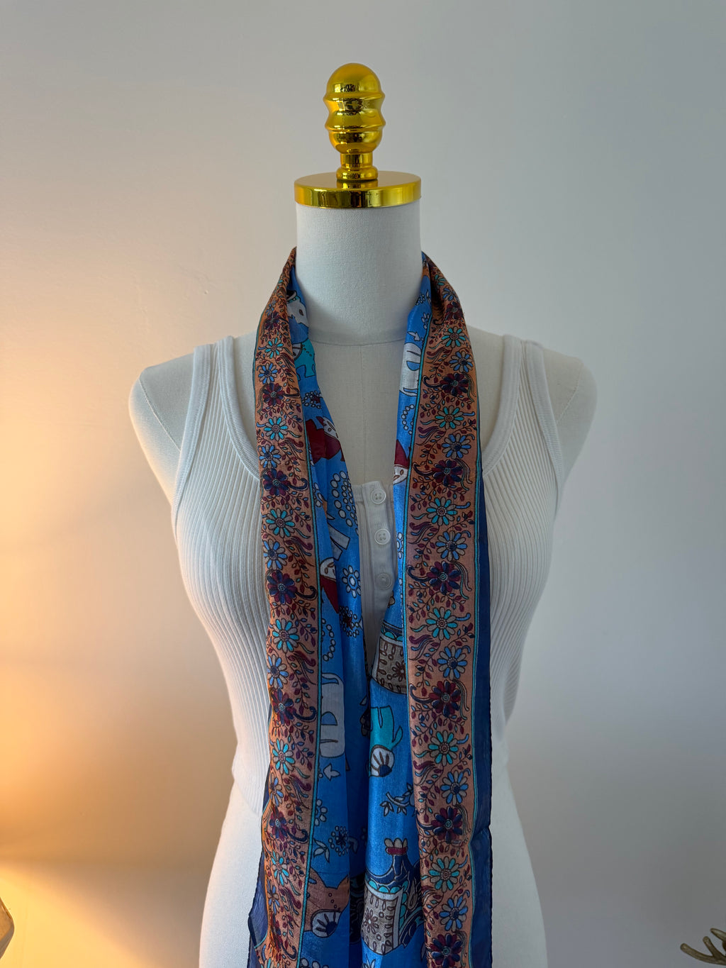 100% Silk Scarf, Elephant Floral Print, Blue, Lightweight, Artisan Handcrafted in India Wrap