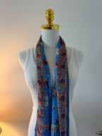 100% Silk Scarf, Elephant Floral Print, Blue, Lightweight, Artisan Handcrafted in India Wrap
