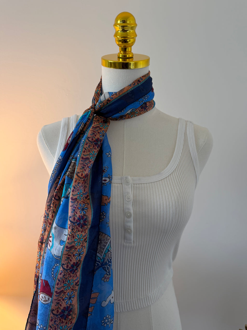 100% Silk Scarf, Elephant Floral Print, Blue, Lightweight, Artisan Handcrafted in India Wrap
