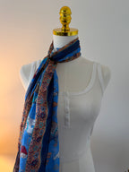 100% Silk Scarf, Elephant Floral Print, Blue, Lightweight, Artisan Handcrafted in India Wrap