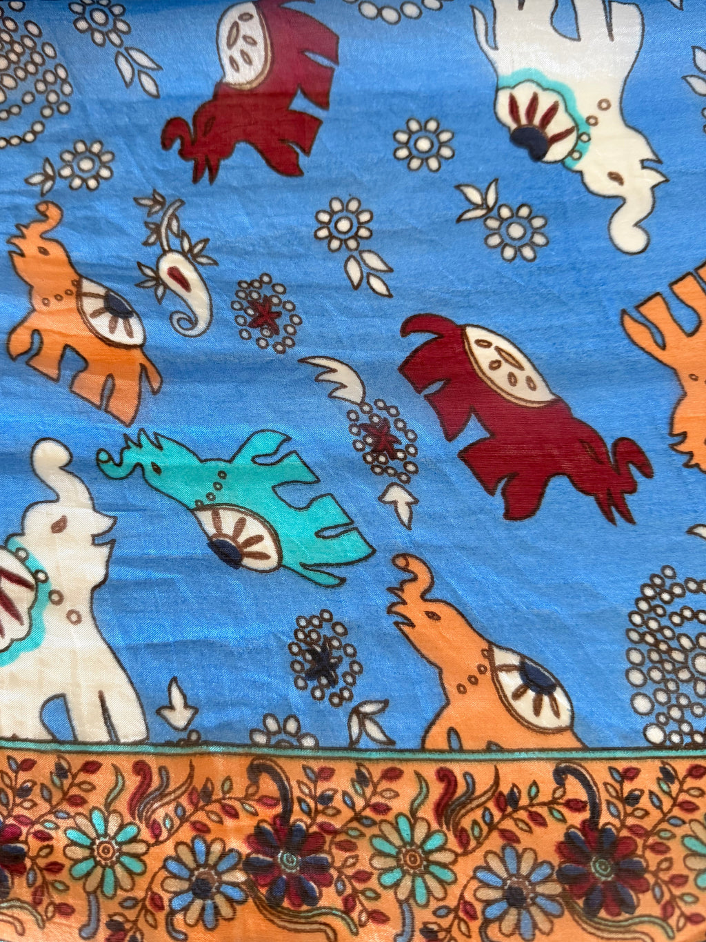 100% Silk Scarf, Elephant Floral Print, Blue, Lightweight, Artisan Handcrafted in India Wrap