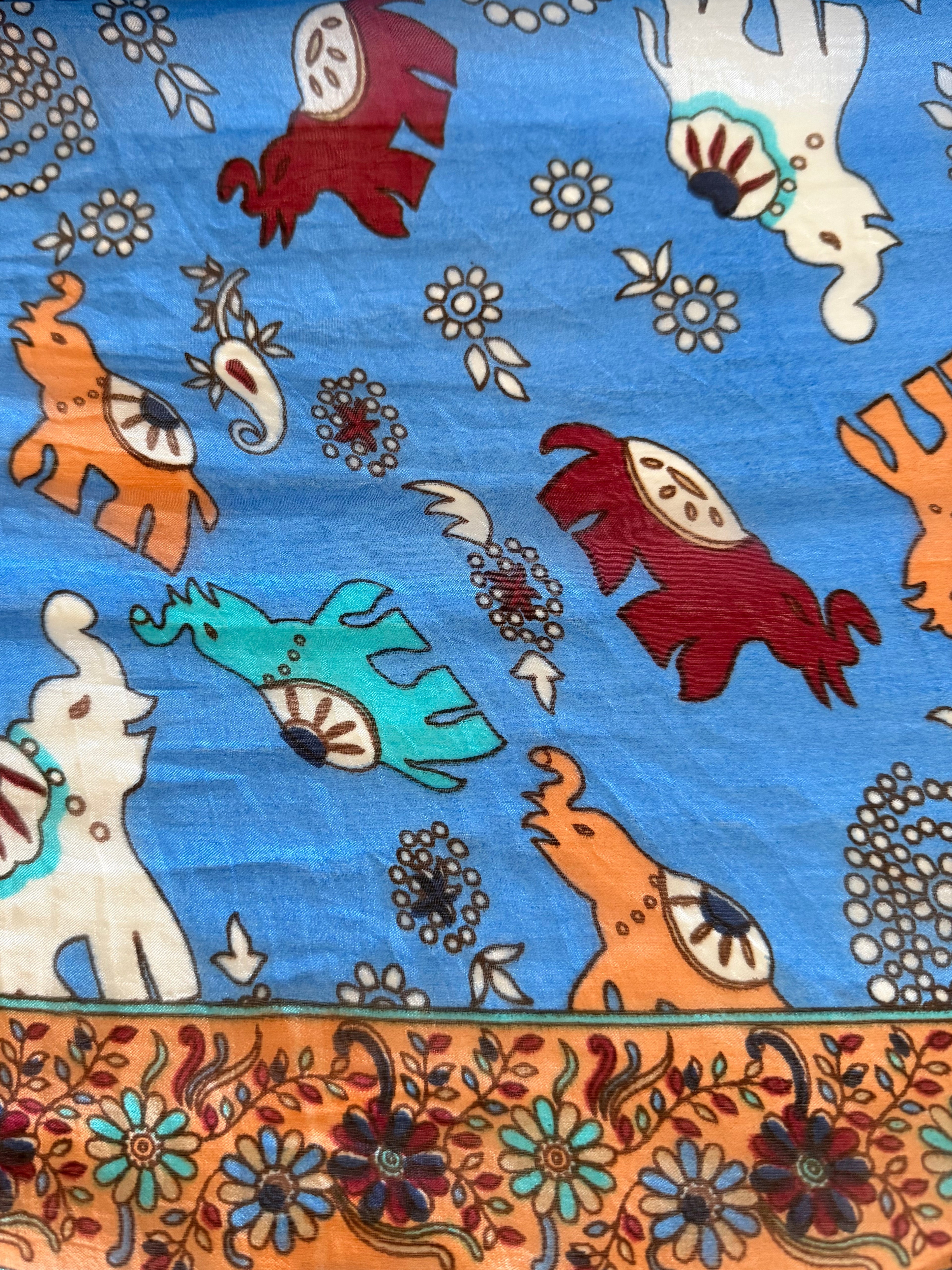 100% Silk Scarf, Elephant Floral Print, Blue, Lightweight, Artisan Handcrafted in India Wrap