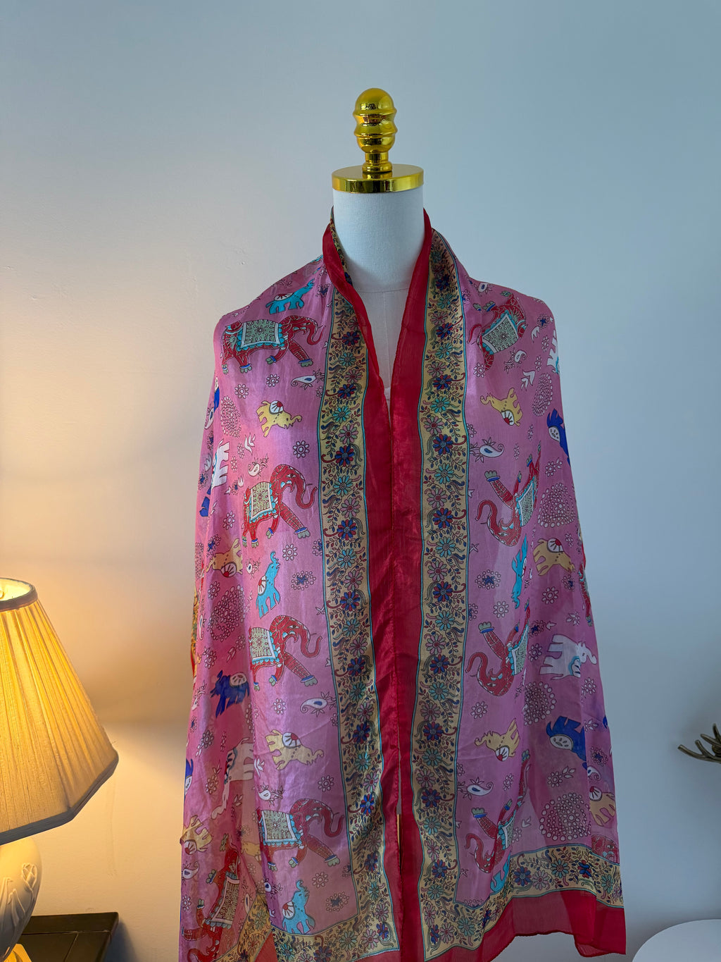 100% Silk Scarf, Elephant Floral Print, Lightweight, Artisan Handcrafted in India Wrap