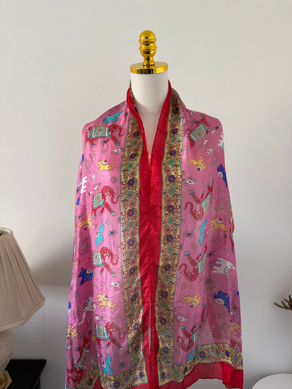 100% Silk Scarf, Elephant Floral Print, Lightweight, Artisan Handcrafted in India Wrap