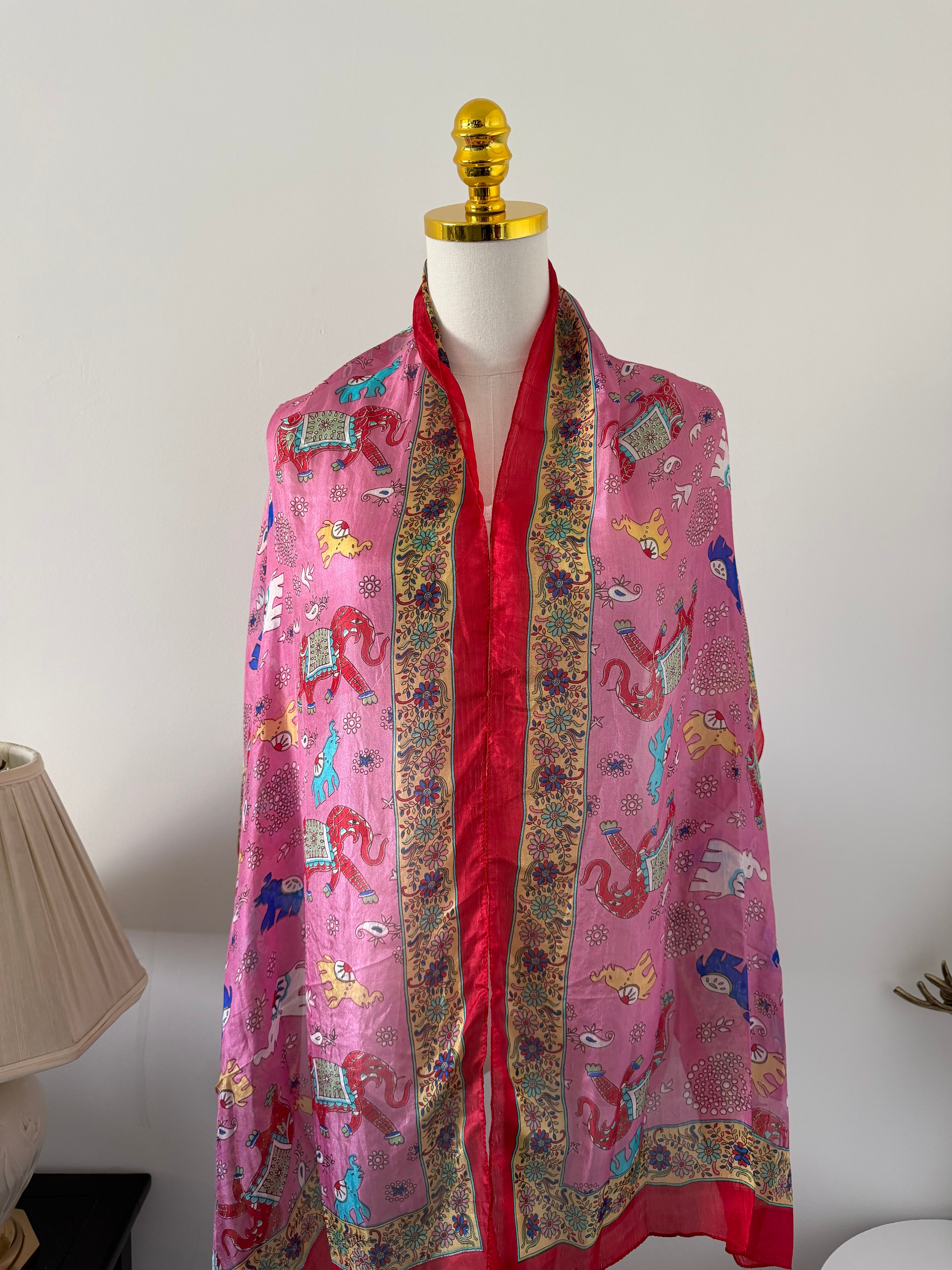 100% Silk Scarf, Elephant Floral Print, Lightweight, Artisan Handcrafted in India Wrap