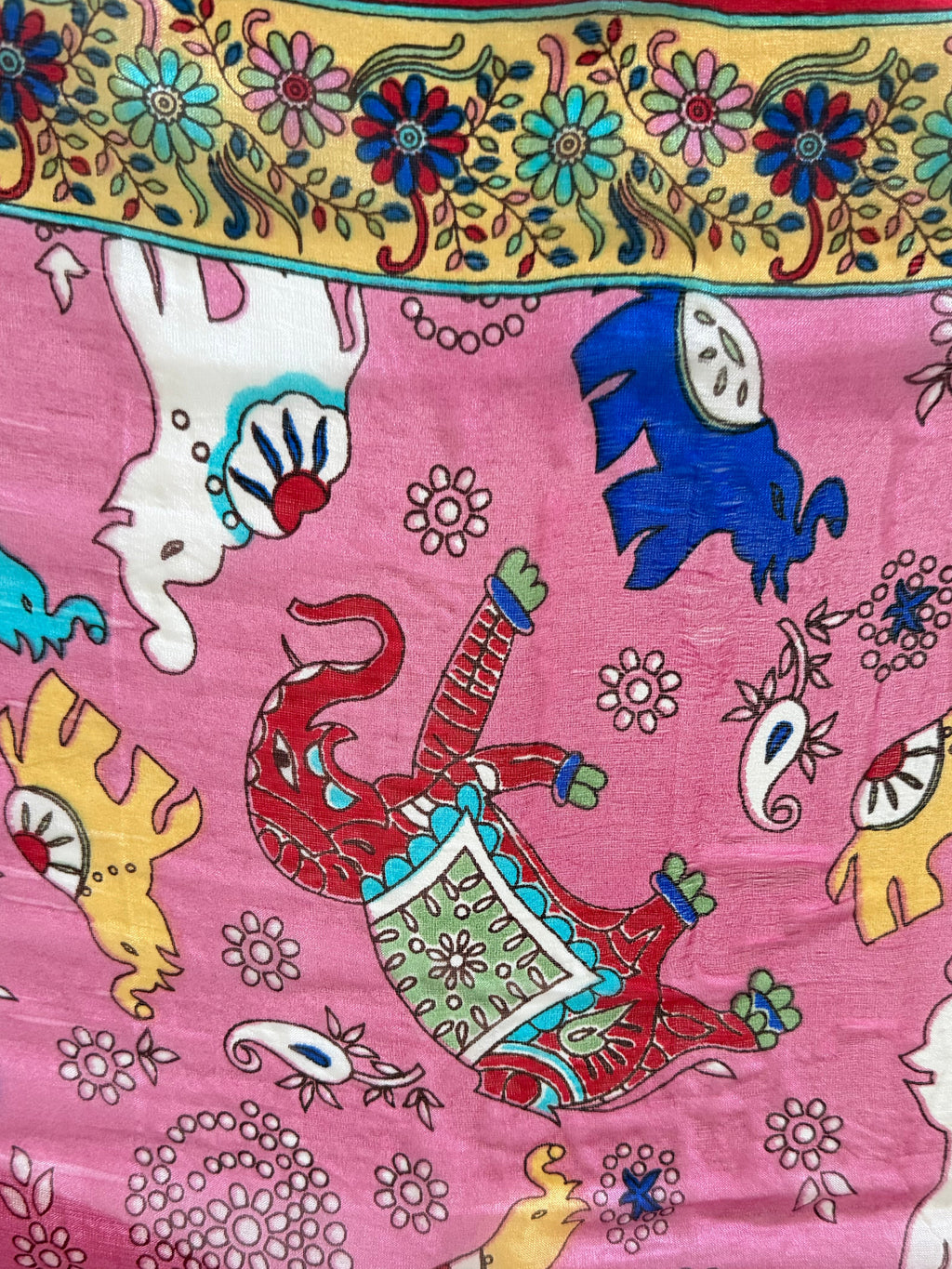 100% Silk Scarf, Elephant Floral Print, Lightweight, Artisan Handcrafted in India Wrap