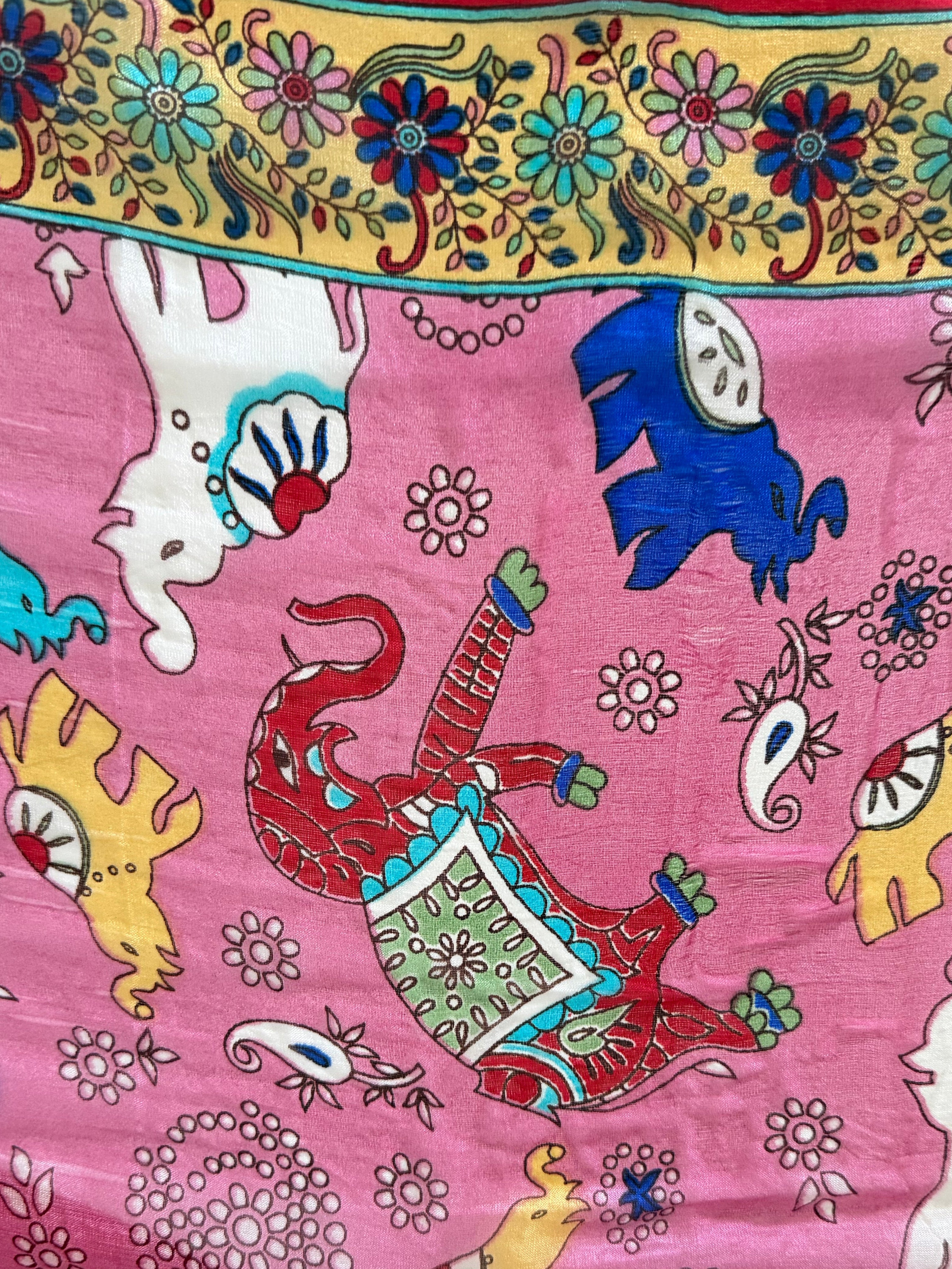 100% Silk Scarf, Elephant Floral Print, Lightweight, Artisan Handcrafted in India Wrap