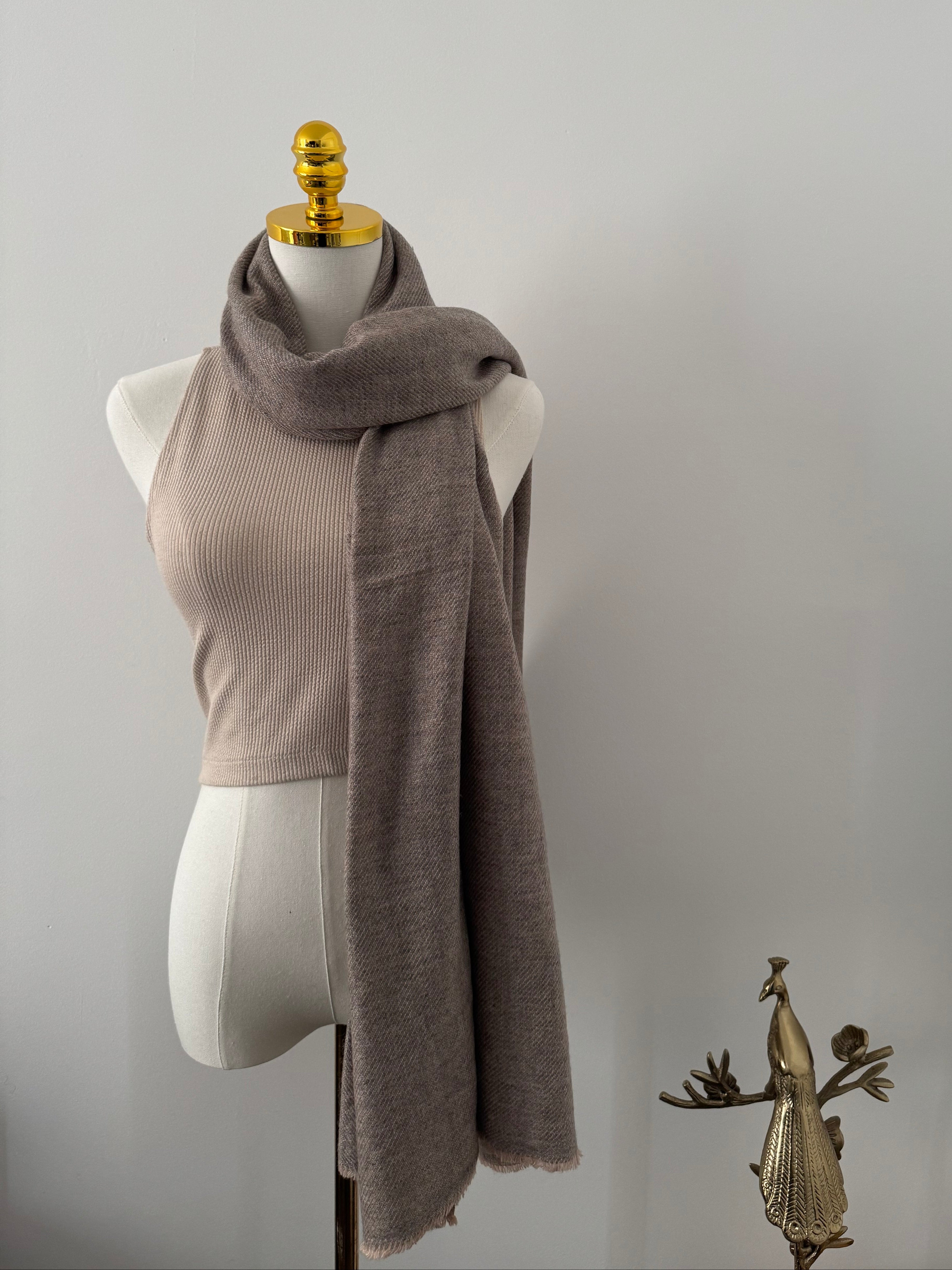Unisex Cashmere Shawl - Soft Mocha, Undyed, Handcrafted in Kashmir