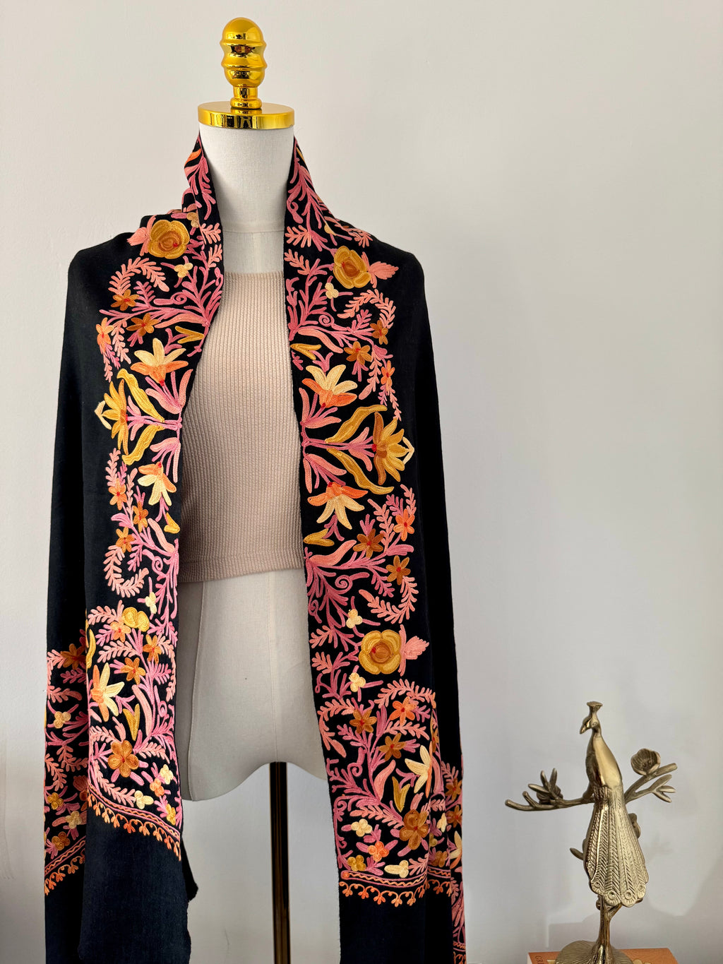 Pure Cashmere Aari Shawl - Black with Blush Floral Embroidery, Handcrafted in Kashmir