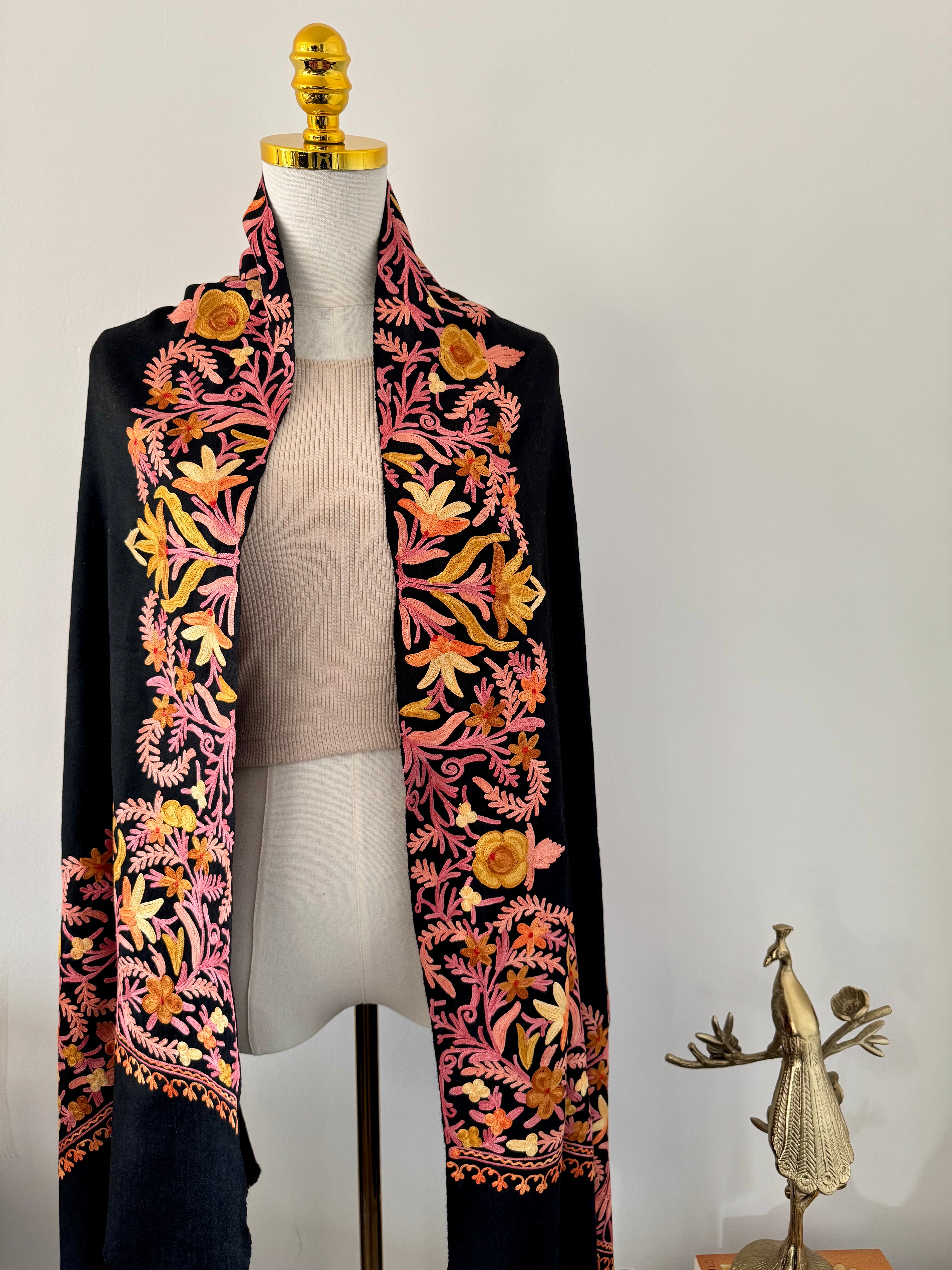 Pure Cashmere Aari Shawl - Black with Blush Floral Embroidery, Handcrafted in Kashmir