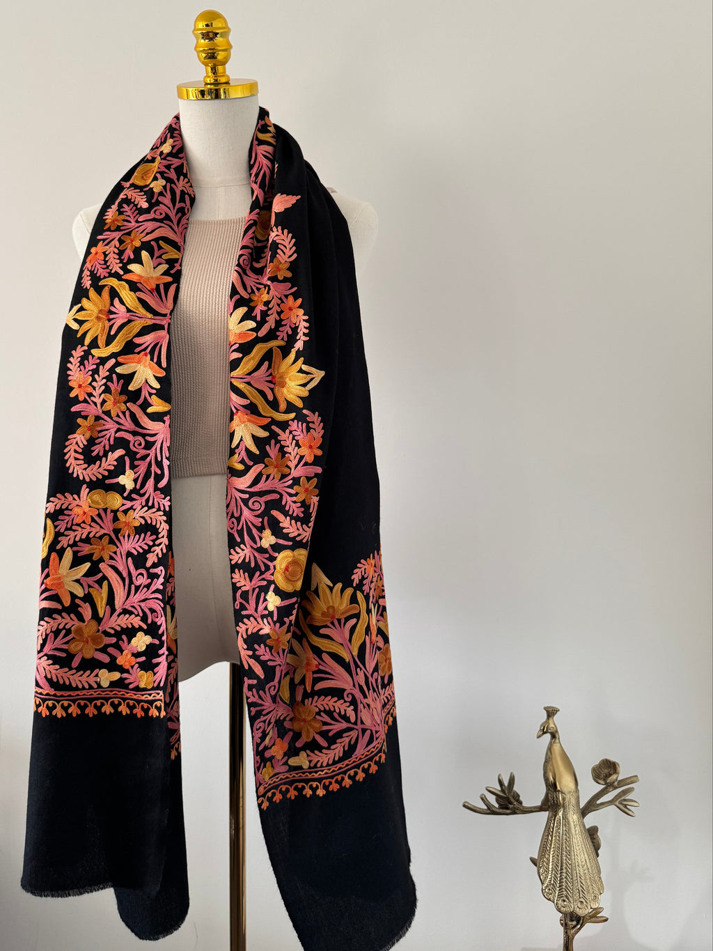 Pure Cashmere Aari Shawl - Black with Blush Floral Embroidery, Handcrafted in Kashmir