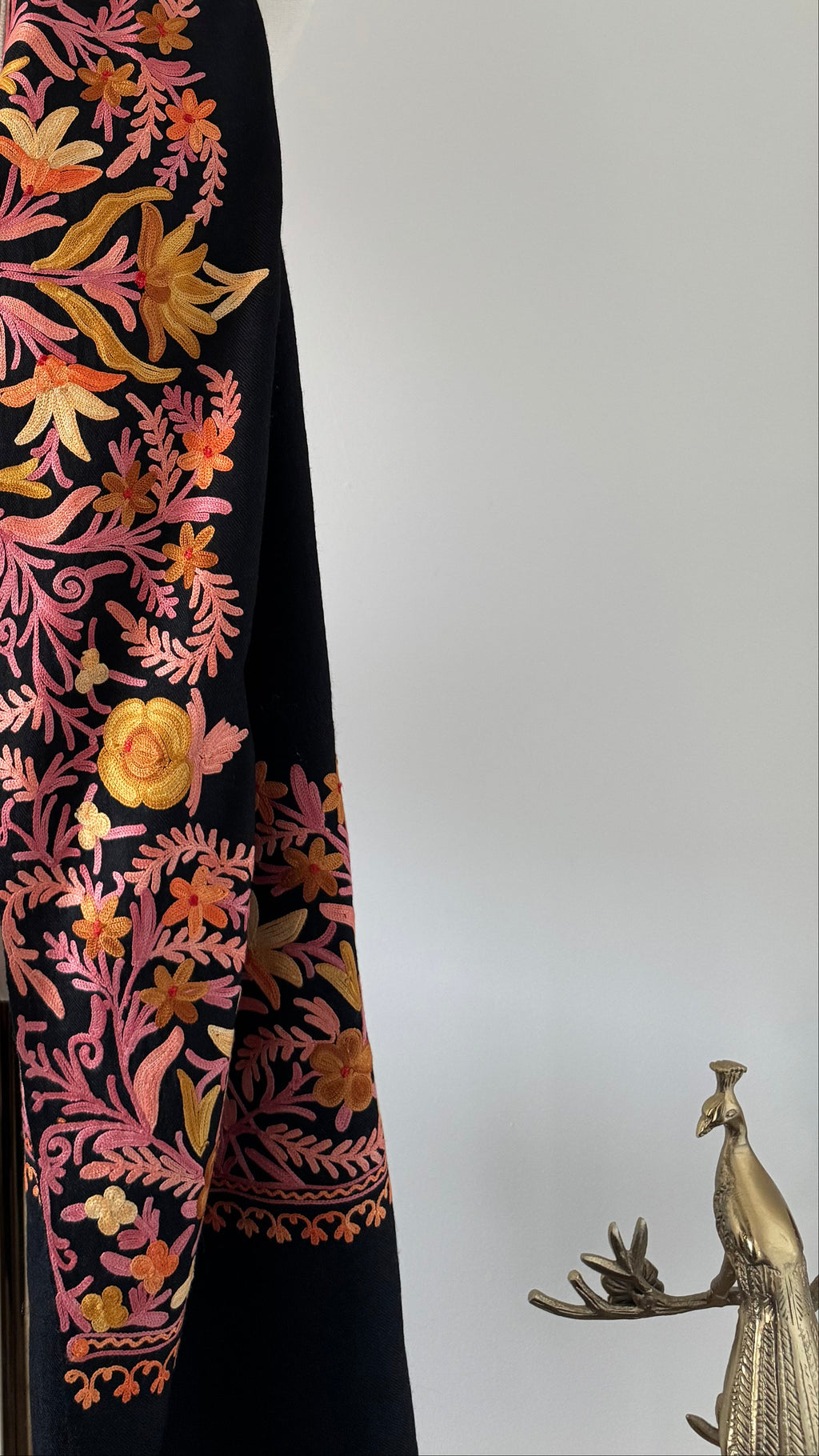 Pure Cashmere Aari Shawl - Black with Blush Floral Embroidery, Handcrafted in Kashmir