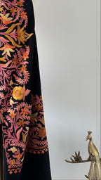 Pure Cashmere Aari Shawl - Black with Blush Floral Embroidery, Handcrafted in Kashmir