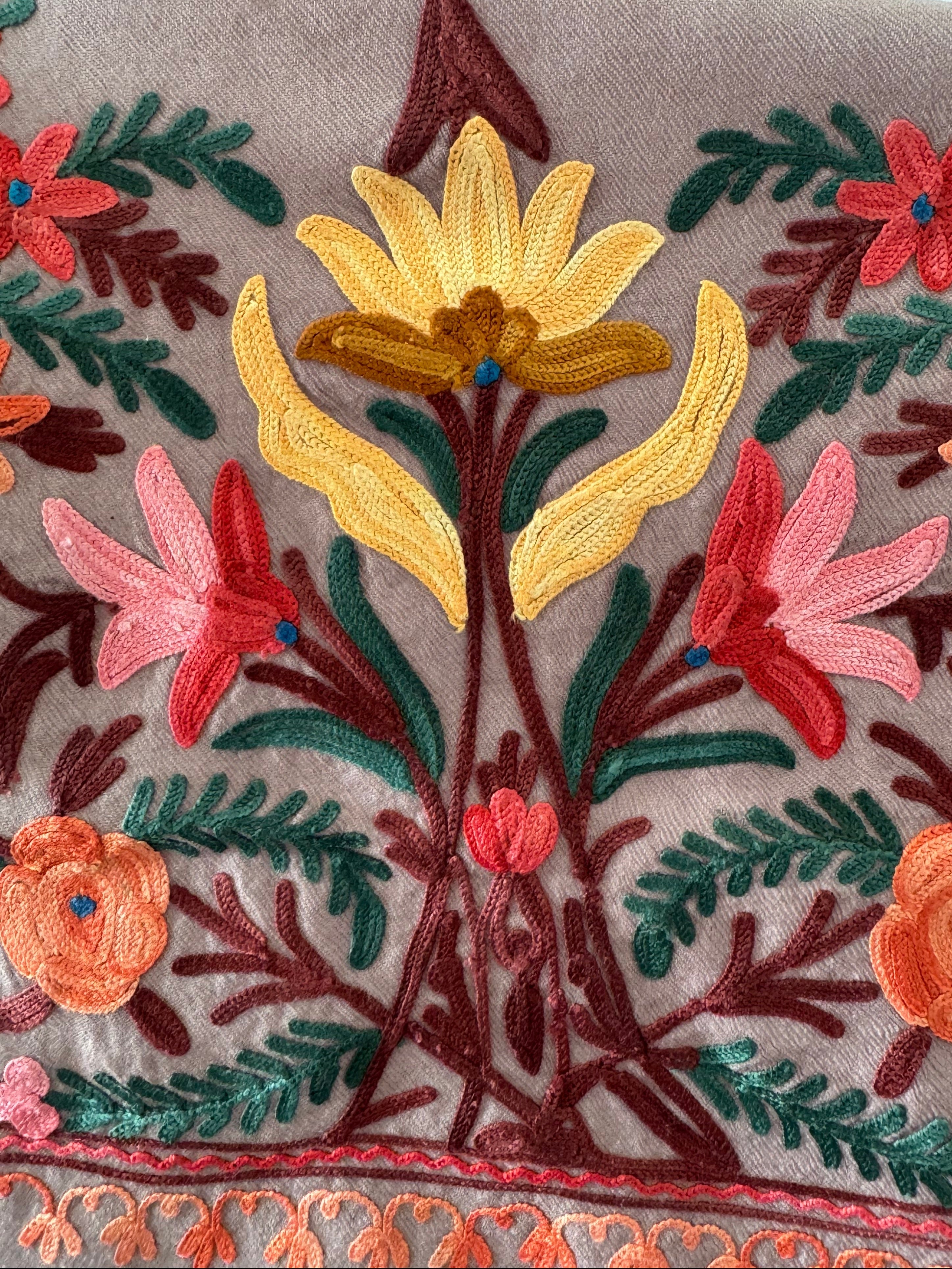 Close-up of intricate floral embroidery with yellow, pink, and red flowers on a textured fabric background.