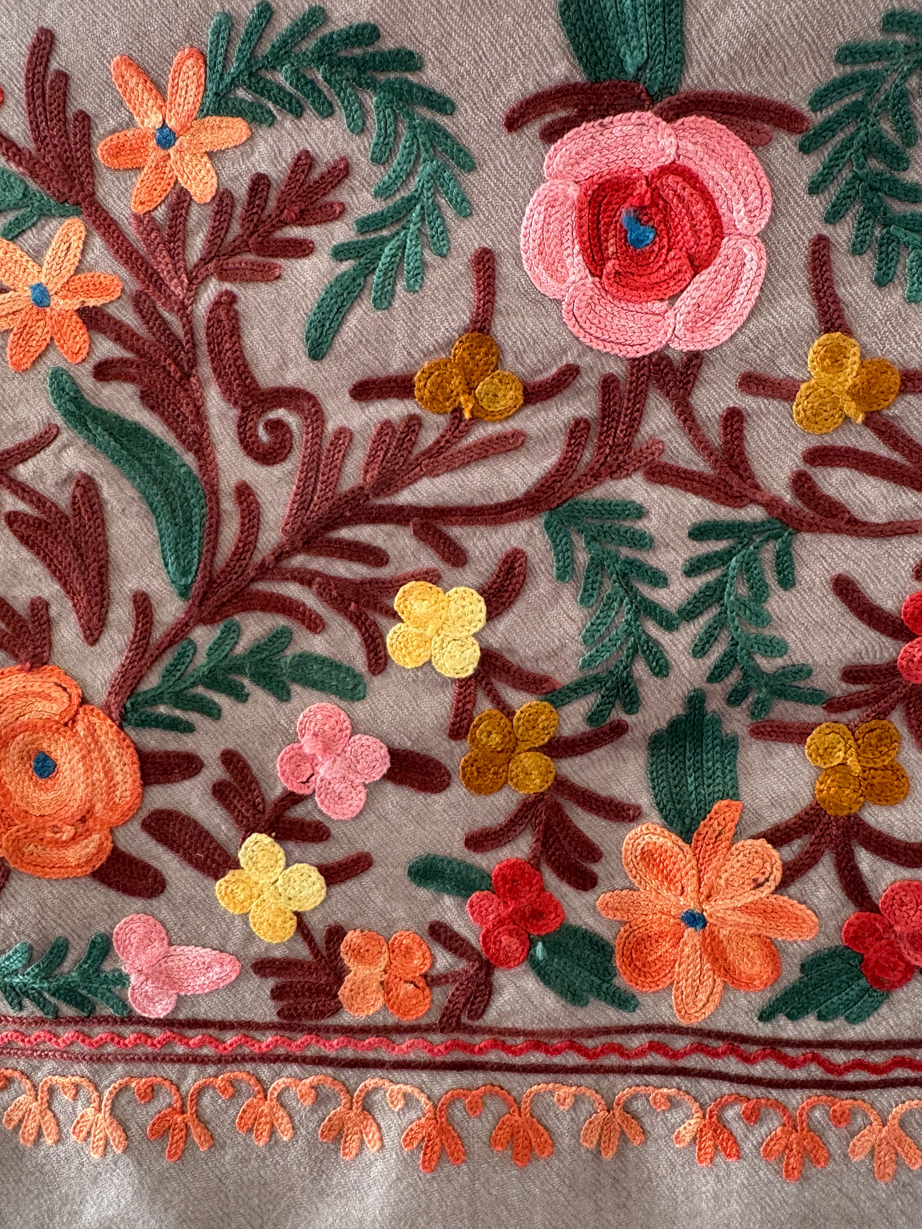 Close-up of embroidered fabric with floral patterns on a gray background