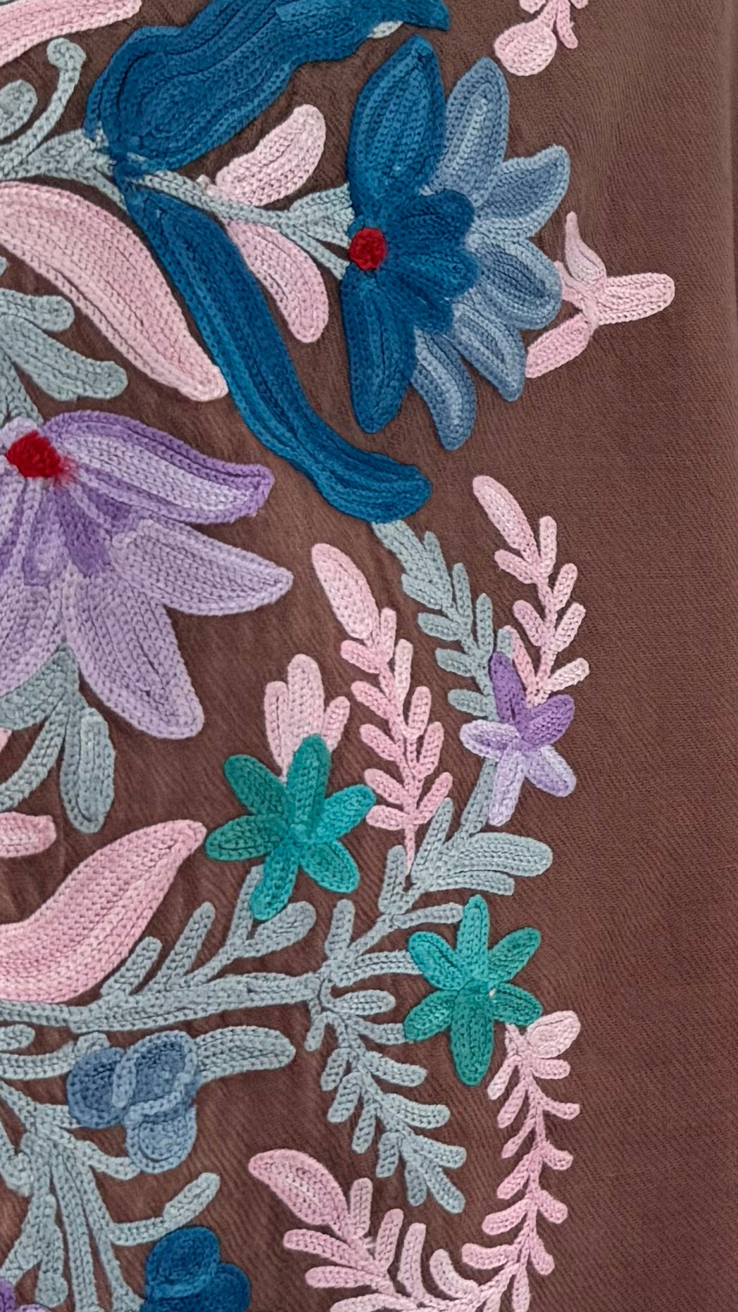 Close-up of embroidered floral pattern on fabric