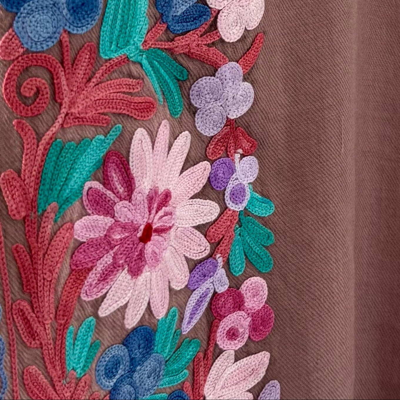 Close-up of colorful floral embroidery on fabric