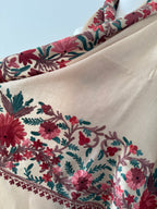 Close-up of floral embroidery on fabric with a neutral background