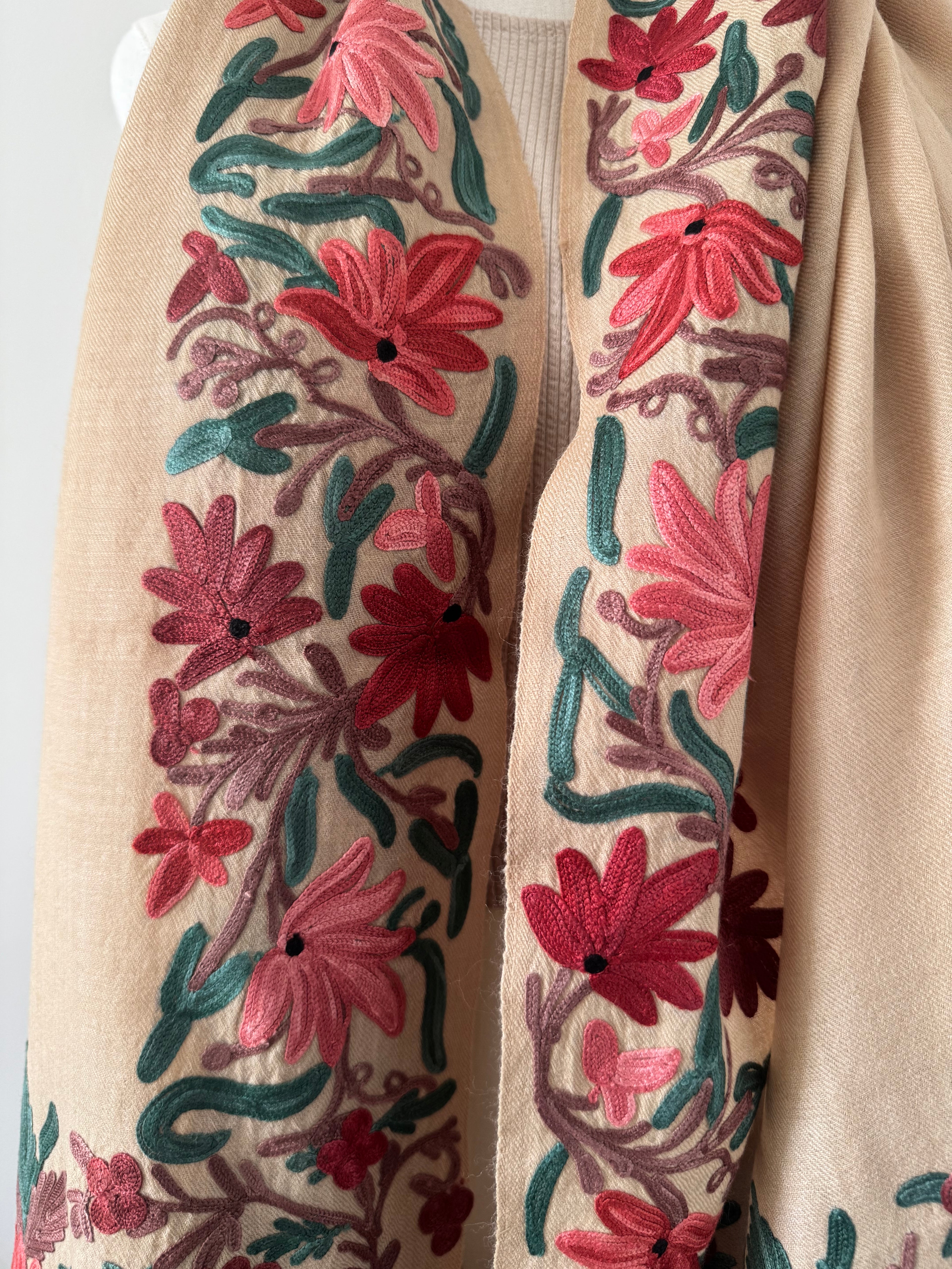 Close-up of embroidered fabric with floral patterns on a beige background