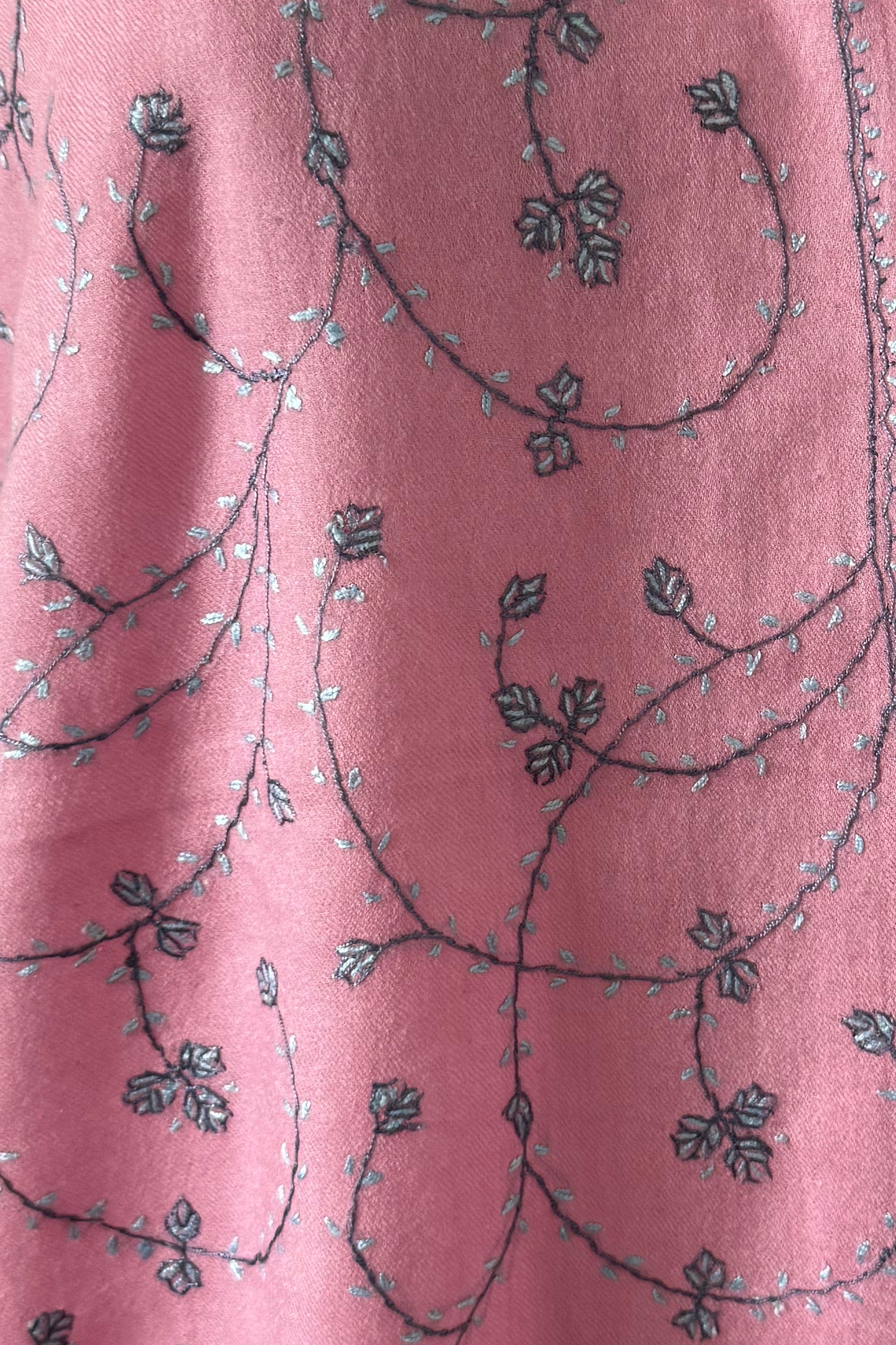 Authentic Pashmina Shawl, Pink with Blue Sozni Embroidery, Handcrafted in Kashmir