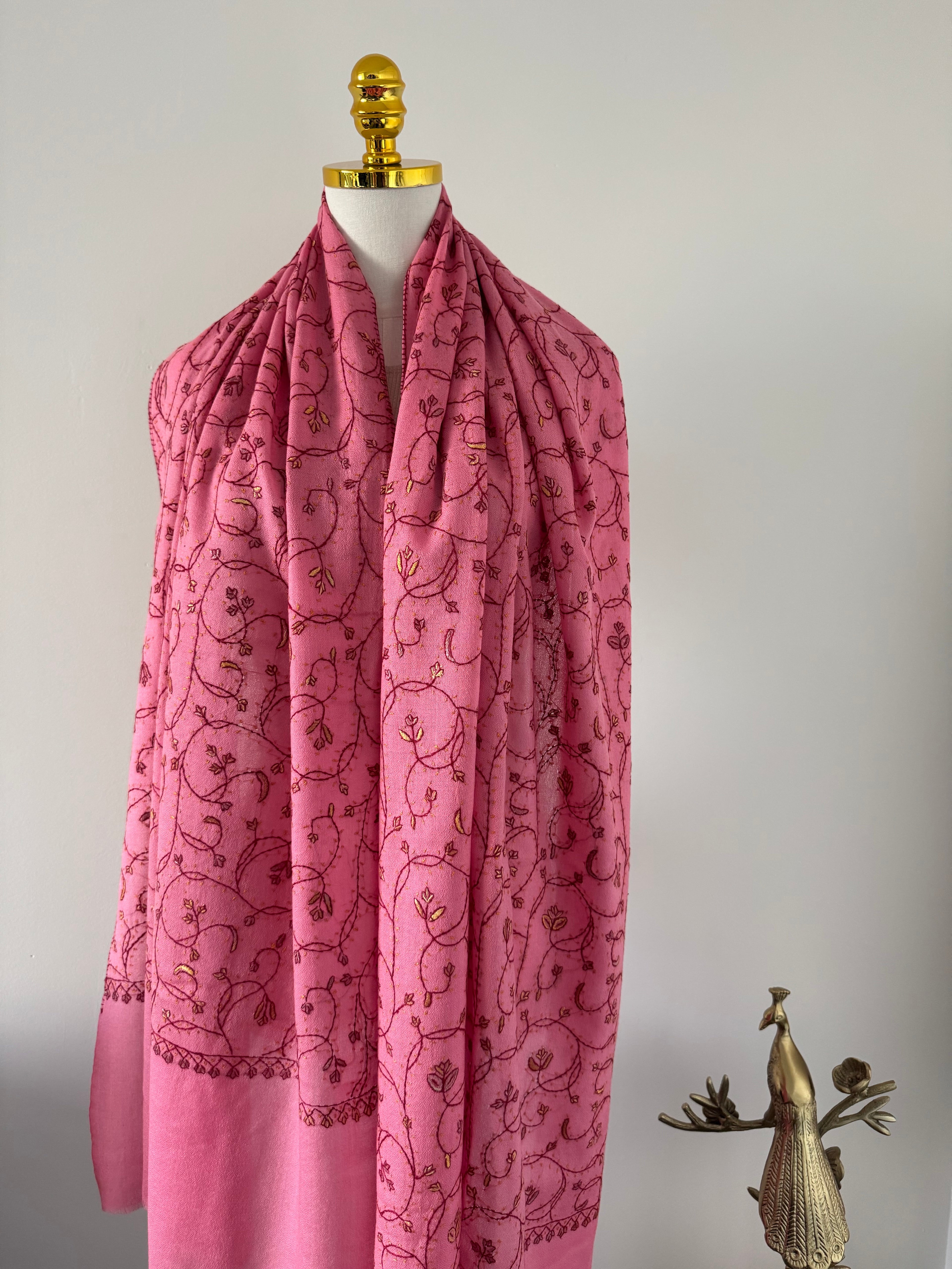 Pure Pashmina Shawl - Blush Pink with Sozni hand embroidery, Handcrafted in Kashmir
