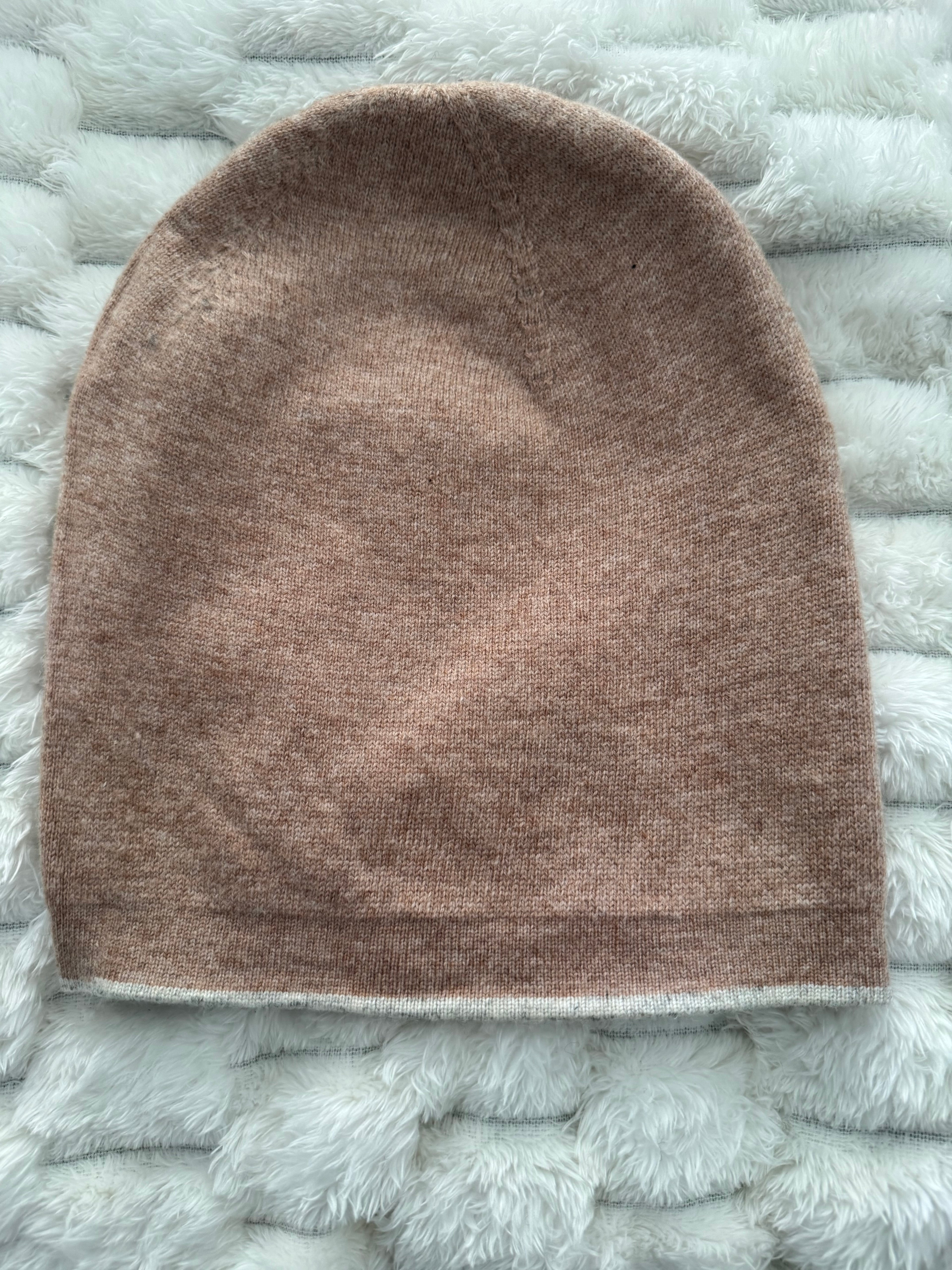 Reversible Pure Cashmere Beanie in Camel & Grey, Handcrafted in Kashmir