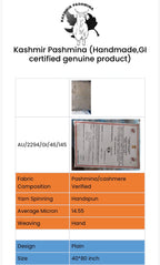 Kashmir Pashmina product description with certification details on a white background