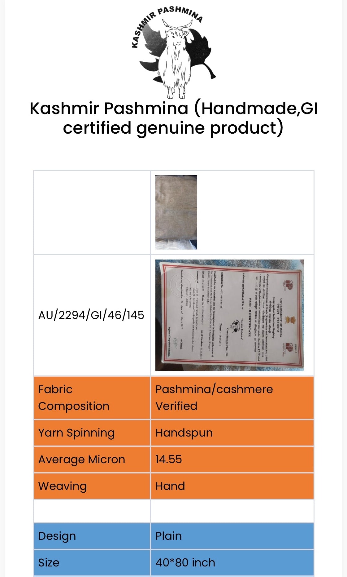 Kashmir Pashmina product description with certification details on a white background