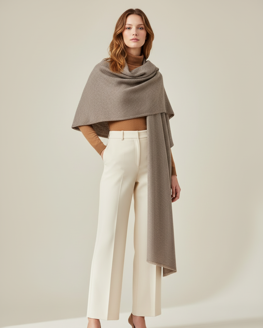 Woman wearing a gray draped garment over a beige top and white pants on a plain background