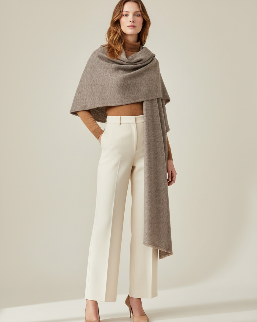 Woman wearing a gray draped garment over a beige top and white pants on a plain background