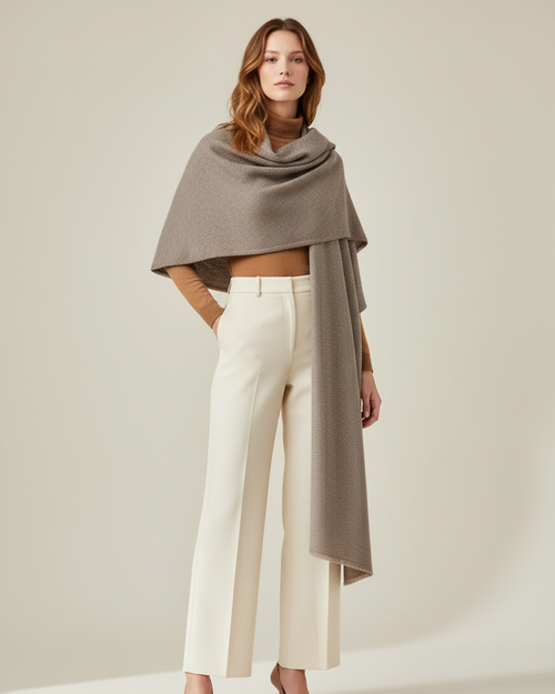 Unisex Cashmere Shawl - Soft Mocha, Undyed, Handcrafted in Kashmir