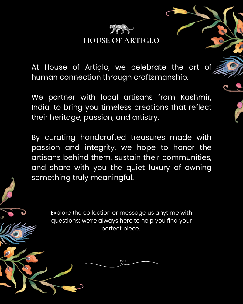 House of Artiglo about us text with artistic elements on a black background