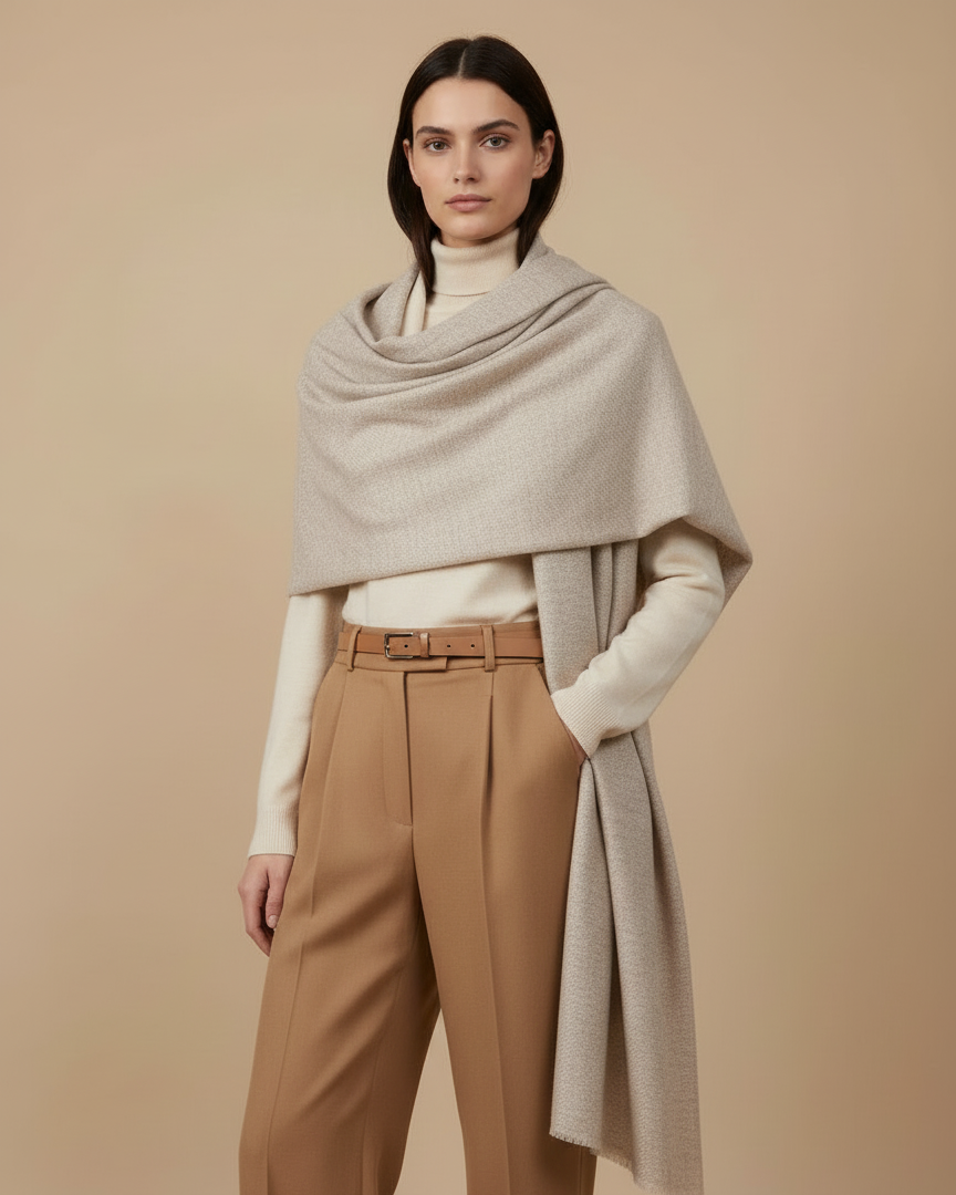 Woman wearing a beige shawl over a white sweater and brown pants on a beige background