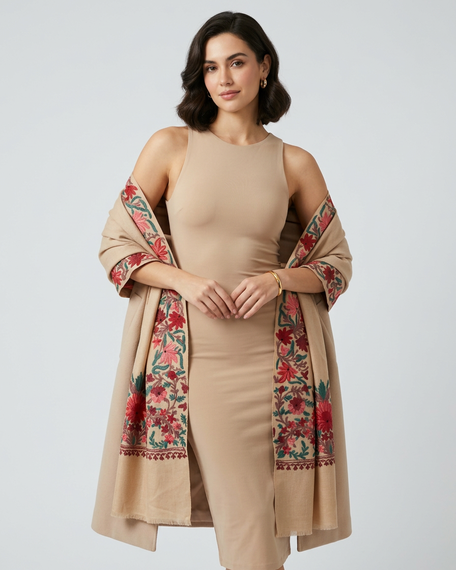 Woman wearing a beige dress with a floral embroidered shawl on a white background