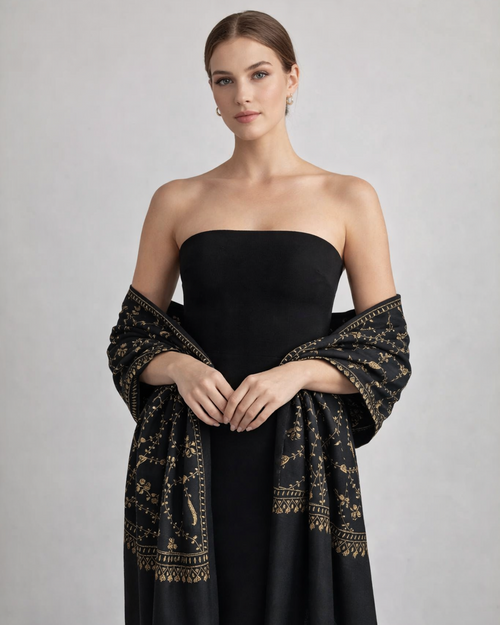 Woman wearing a black strapless dress with a patterned shawl on a gray background