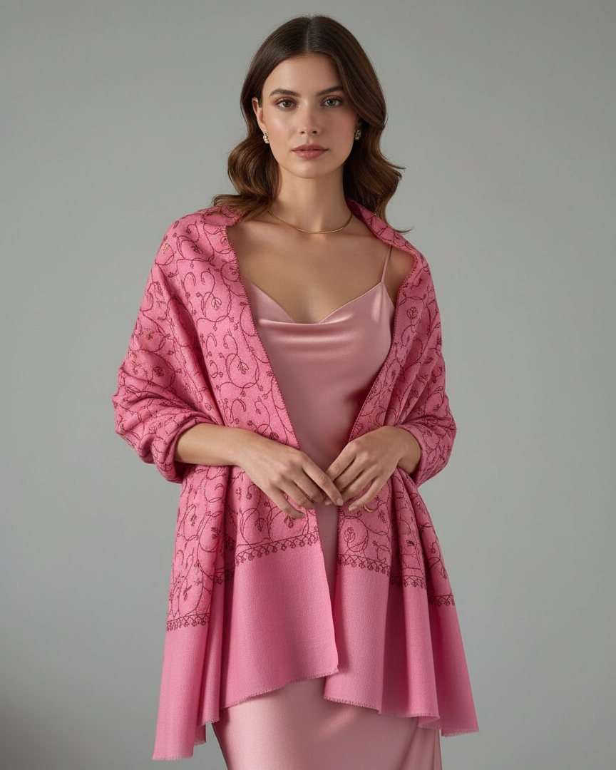 Woman wearing a pink shawl over a pink dress on a gray background