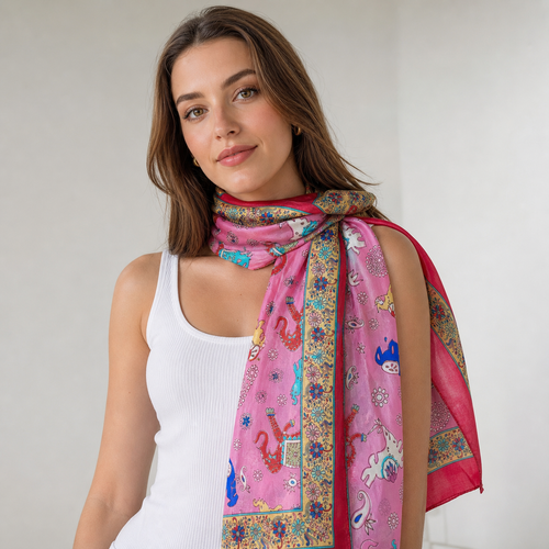 100% Silk Scarf, Elephant Floral Print, Lightweight, Artisan Handcrafted in India Wrap