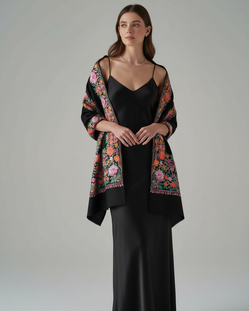 Woman wearing a floral shawl over a black outfit on a gray background
