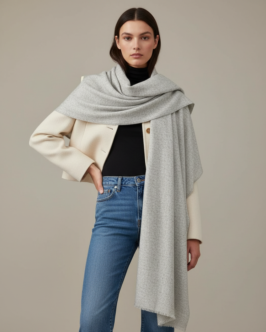 Woman wearing a gray scarf, beige jacket, black top, and blue jeans on a neutral background