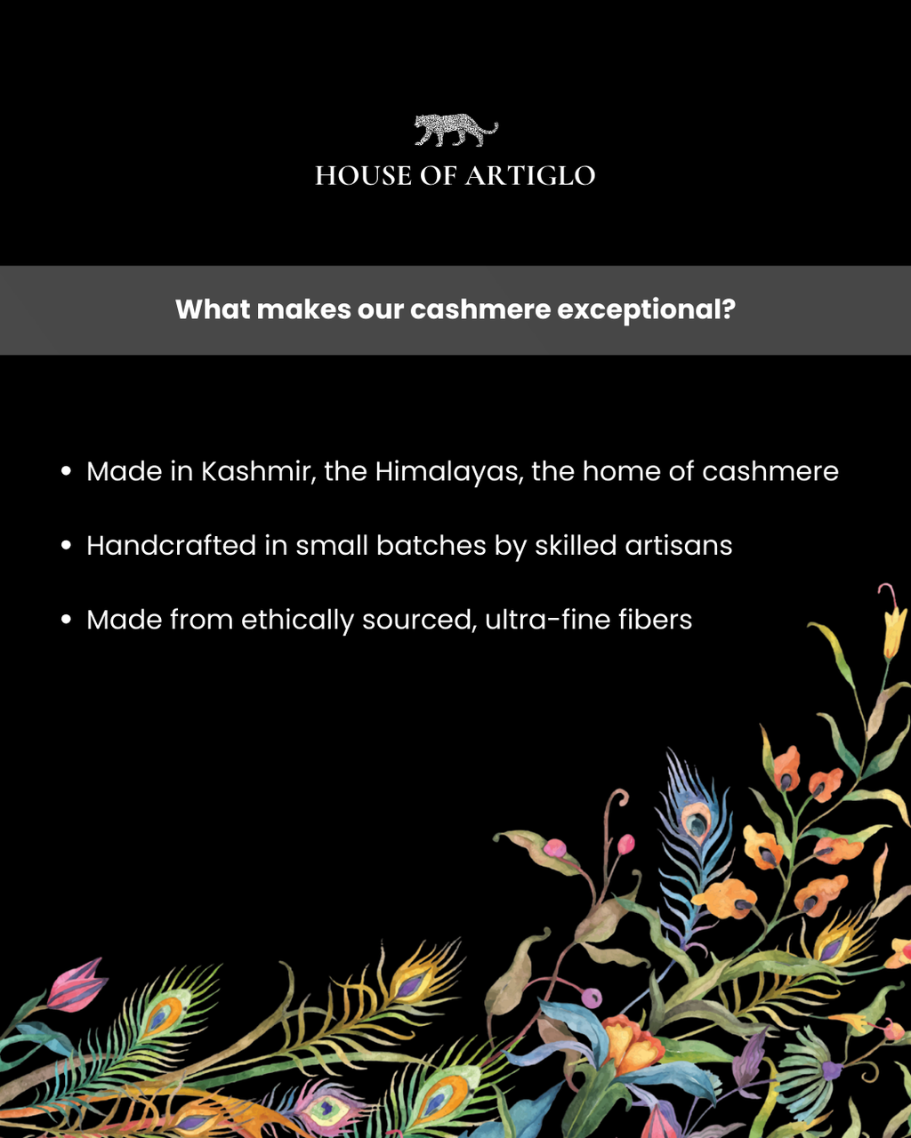 House of Artiglo advertisement highlighting cashmere exceptional qualities with peacock feather design.